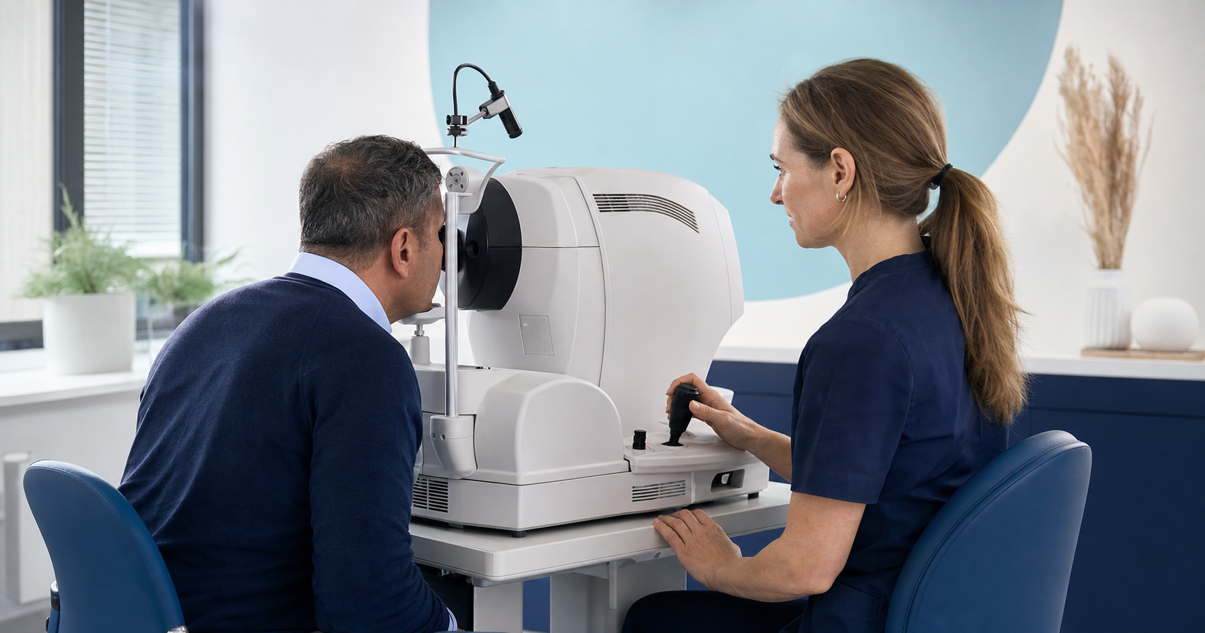 Een patiënt krijgt een diabetes-oogscreening met een netvliescamera